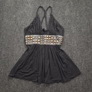 Sky Black Halter Top Studded Leather Babydoll Boho Y2K Size Large